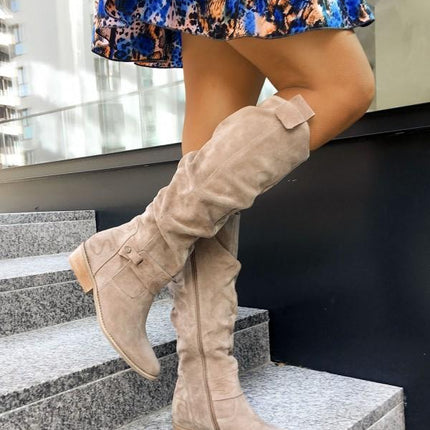 Evalon | Side-Zip Buckle Knee High Boots – Suede Boots