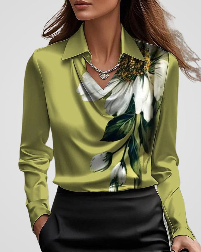 Malvinia | Long Sleeve Satin Blouse – V-neck with Collar