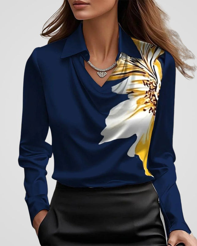 Malvinia | Long Sleeve Satin Blouse – V-neck with Collar