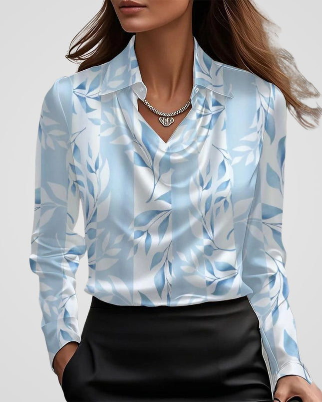 Malvinia | Long Sleeve Satin Blouse – V-neck with Collar