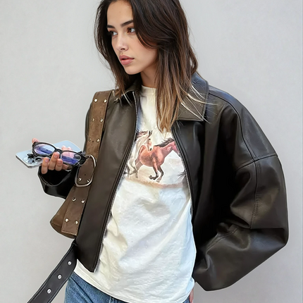 Vintessa | Belted PU Bomber Jacket – Cropped Jacket wih Zipper