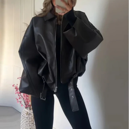 Vintessa | Belted PU Bomber Jacket – Cropped Jacket wih Zipper