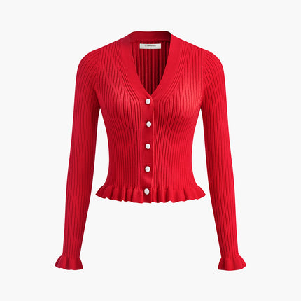 Clarissa | Fitted Ruffled Trim Button-Front Long Sleeve Cardigan
