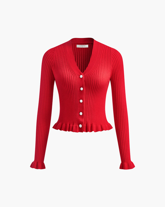 Clarissa | Fitted Ruffled Trim Button-Front Long Sleeve Cardigan