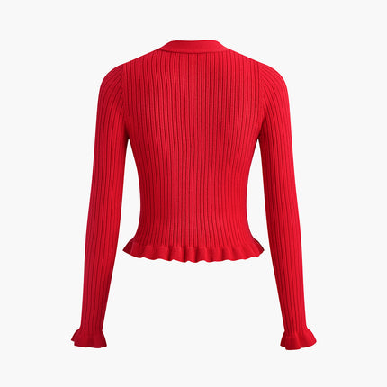 Clarissa | Fitted Ruffled Trim Button-Front Long Sleeve Cardigan