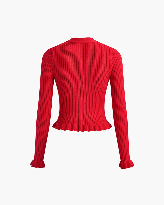 Clarissa | Fitted Ruffled Trim Button-Front Long Sleeve Cardigan