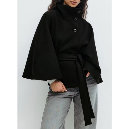 Cordelia | Belted Cape Coat With High Collar