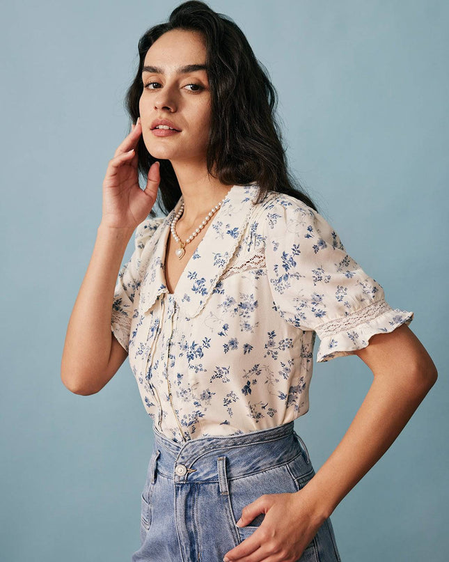 Elsa | Regular Fit Lace Spliced Pleated Floral Shirt