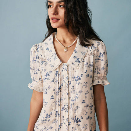 Elsa | Regular Fit Lace Spliced Pleated Floral Shirt