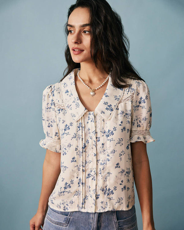 Elsa | Regular Fit Lace Spliced Pleated Floral Shirt