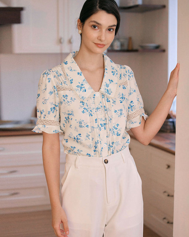 Elsa | Regular Fit Lace Spliced Pleated Floral Shirt