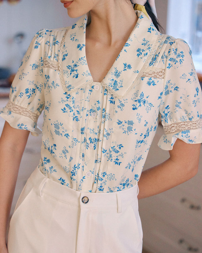 Elsa | Regular Fit Lace Spliced Pleated Floral Shirt