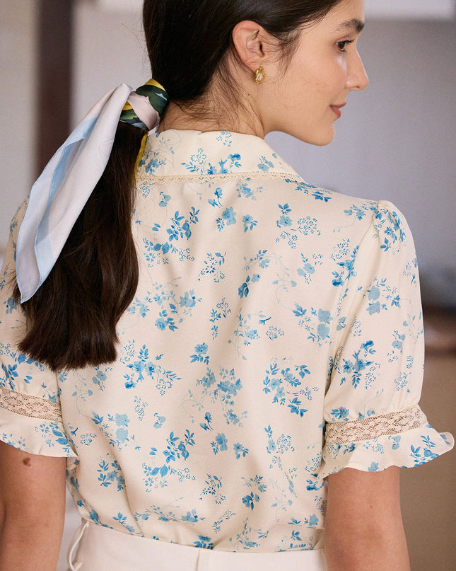 Elsa | Regular Fit Lace Spliced Pleated Floral Shirt