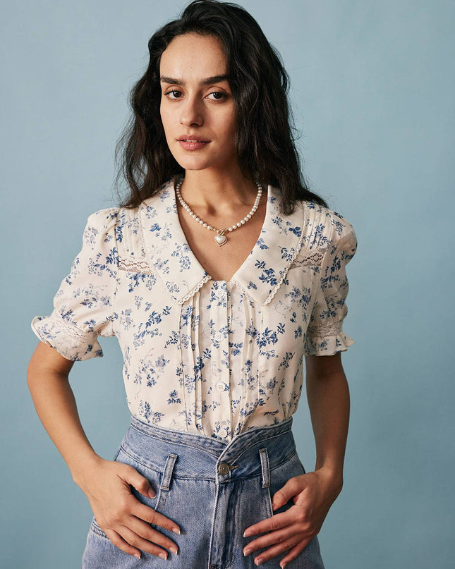Elsa | Regular Fit Lace Spliced Pleated Floral Shirt