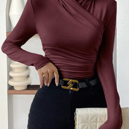 Estelle | Cinched Waist Pleated Cross-Over Collar T-Shirt