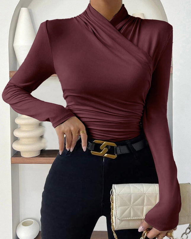 Estelle | Cinched Waist Pleated Cross-Over Collar T-Shirt