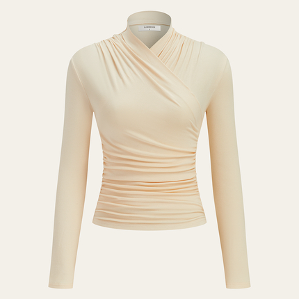Estelle | Cinched Waist Pleated Cross-Over Collar T-Shirt