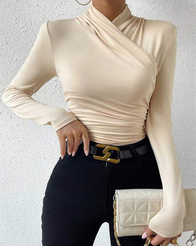 Estelle | Cinched Waist Pleated Cross-Over Collar T-Shirt