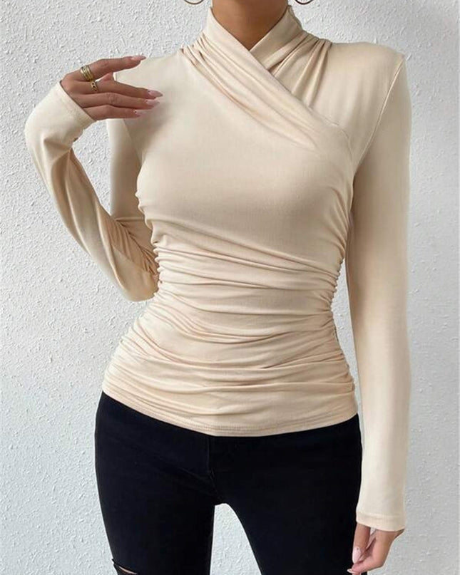 Estelle | Cinched Waist Pleated Cross-Over Collar T-Shirt