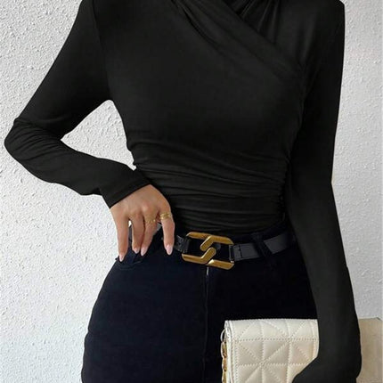 Estelle | Cinched Waist Pleated Cross-Over Collar T-Shirt