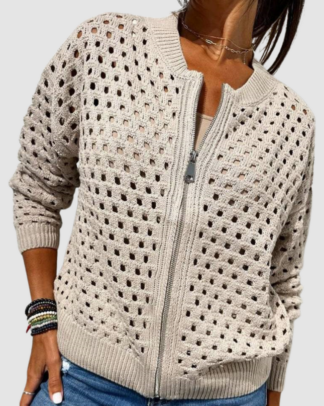 Evangeline | Lightweight Open-Knit Zip-Front Jacket