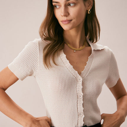 Francesca | Slim Fit V-Neck Pointelle Knit Tee