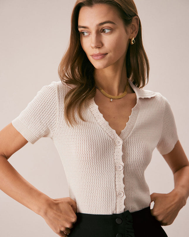Francesca | Slim Fit V-Neck Pointelle Knit Tee