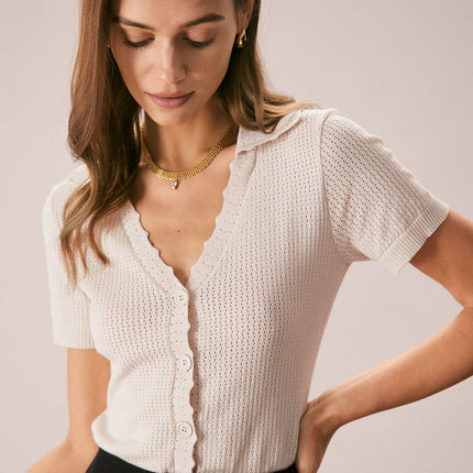 Francesca | Slim Fit V-Neck Pointelle Knit Tee