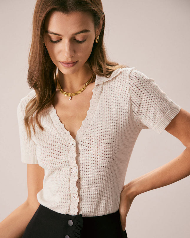 Francesca | Slim Fit V-Neck Pointelle Knit Tee