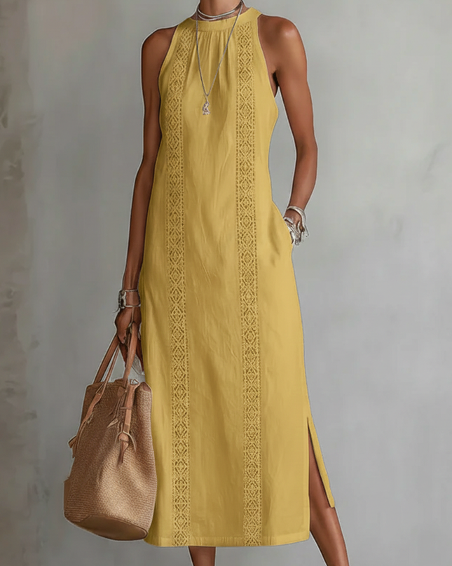 Holly | Relaxed Fit Embroidered Mandarin Collar Midi Dress