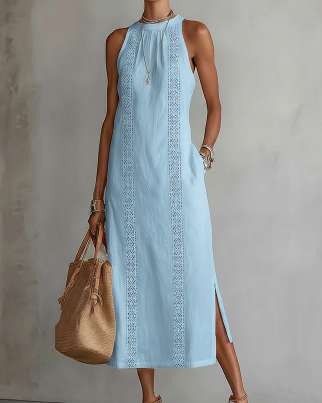 Holly | Relaxed Fit Embroidered Mandarin Collar Midi Dress