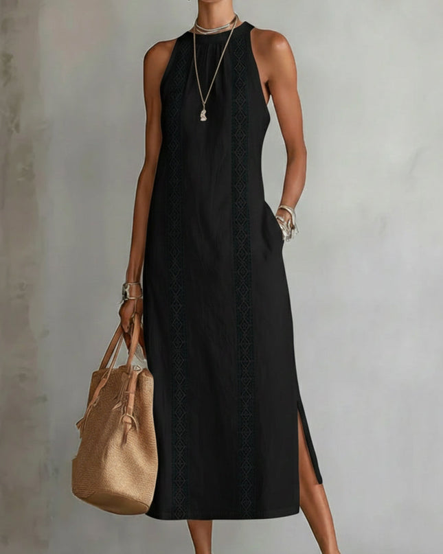 Holly | Relaxed Fit Embroidered Mandarin Collar Midi Dress