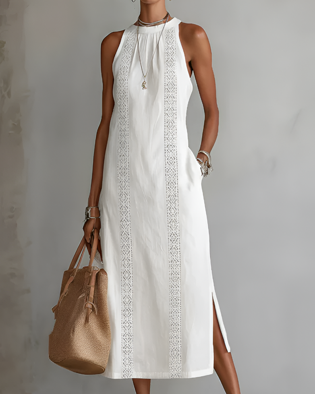 Holly | Relaxed Fit Embroidered Mandarin Collar Midi Dress