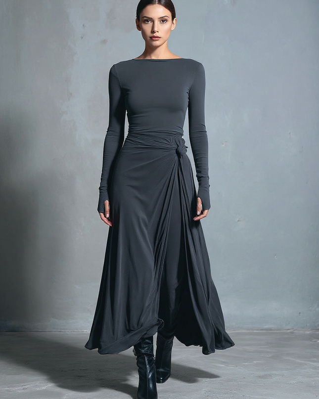 Irene | Sleek Fit Knot Detail Wrap Dress - Grey / XS