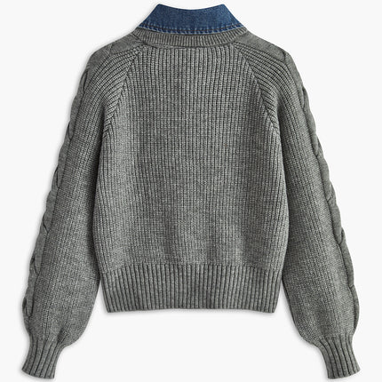 Jewel | Ribbed Lapel Sweater With Denim Panels