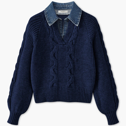 Jewel | Ribbed Lapel Sweater With Denim Panels