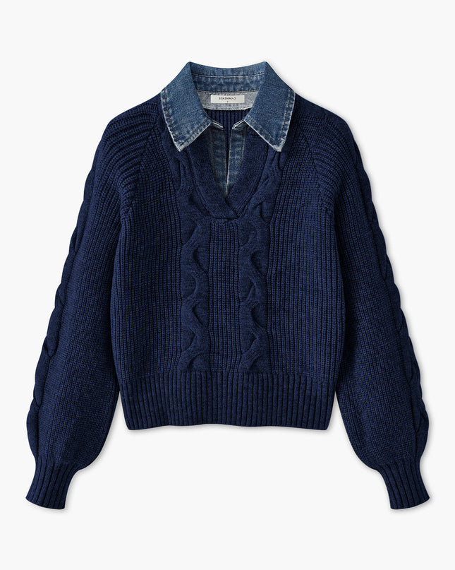 Jewel | Ribbed Lapel Sweater With Denim Panels