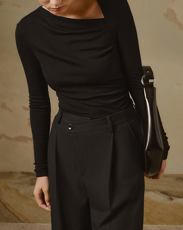 Jovana | Ribbed Knit Asymmetric Long Sleeve T-Shirt
