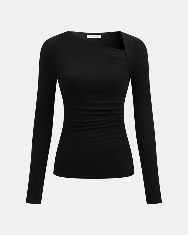 Jovana | Ribbed Knit Asymmetric Long Sleeve T-Shirt