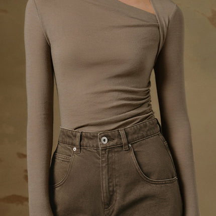 Jovana | Ribbed Knit Asymmetric Long Sleeve T-Shirt