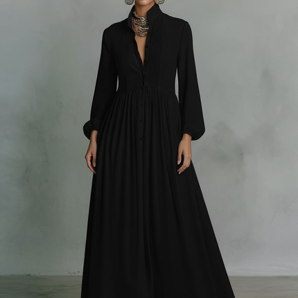 Payton | Stand-Up Collar Long Sleeve Kaftan Maxi Dress - Black / XS
