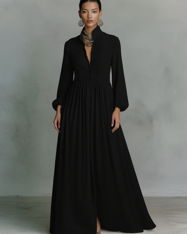 Payton | Stand-Up Collar Long Sleeve Kaftan Maxi Dress - Black / XS