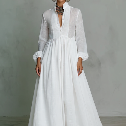 Payton | Stand-Up Collar Long Sleeve Kaftan Maxi Dress - White / XS