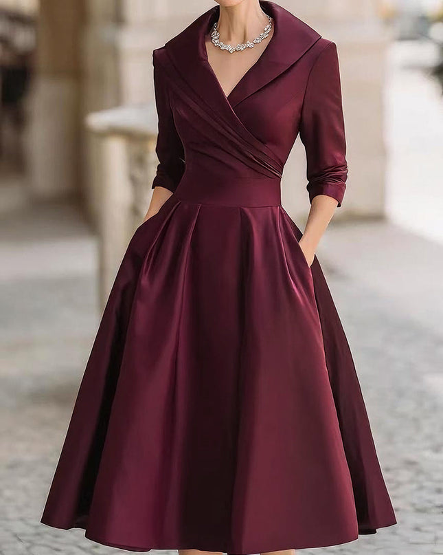Raven | Fitted Bodice Draped Collar Long Sleeve Midi Dress
