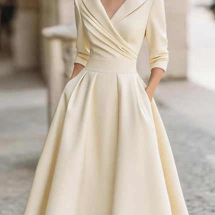 Raven | Fitted Bodice Draped Collar Long Sleeve Midi Dress