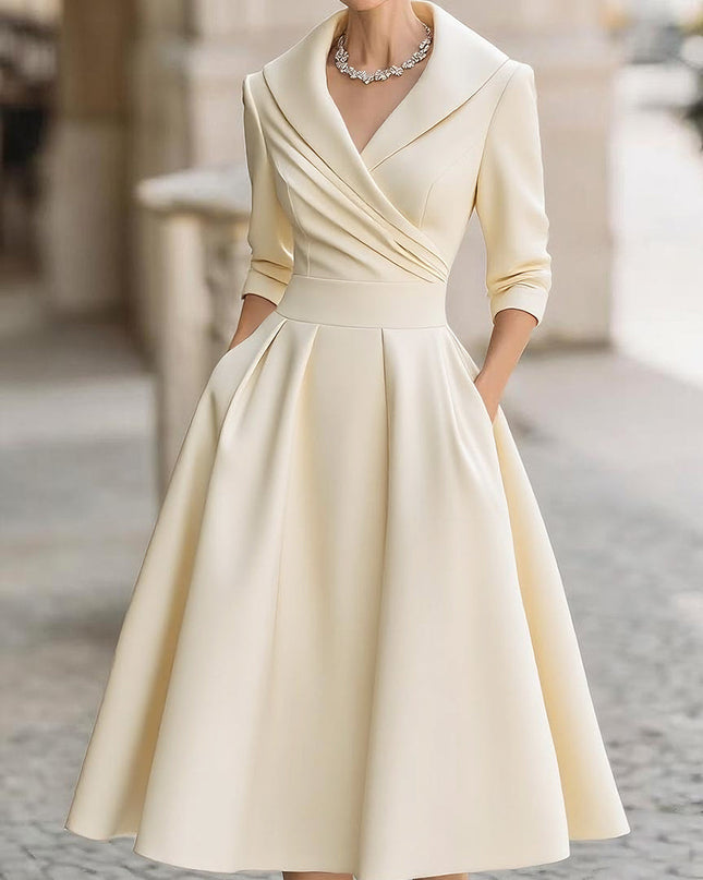 Raven | Fitted Bodice Draped Collar Long Sleeve Midi Dress