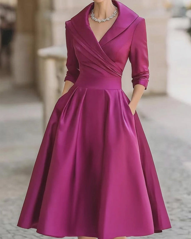 Raven | Fitted Bodice Draped Collar Long Sleeve Midi Dress