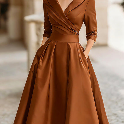 Raven | Fitted Bodice Draped Collar Long Sleeve Midi Dress