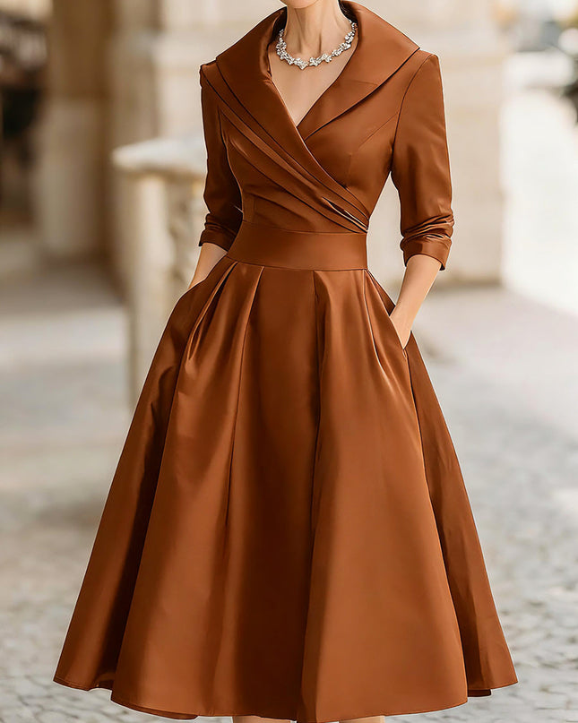 Raven | Fitted Bodice Draped Collar Long Sleeve Midi Dress