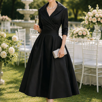 Raven | Fitted Bodice Draped Collar Long Sleeve Midi Dress